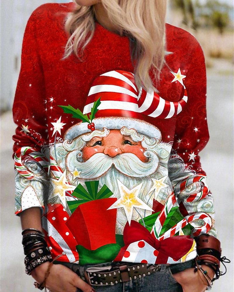 

Christmas Santa Claus Print Long Sleeve Top, Red