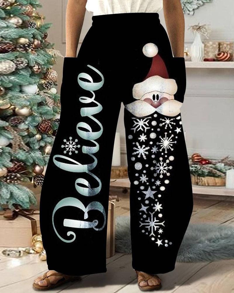 

Plus Size Christmas Snowflake Letter Print Wide Leg Pants, Black