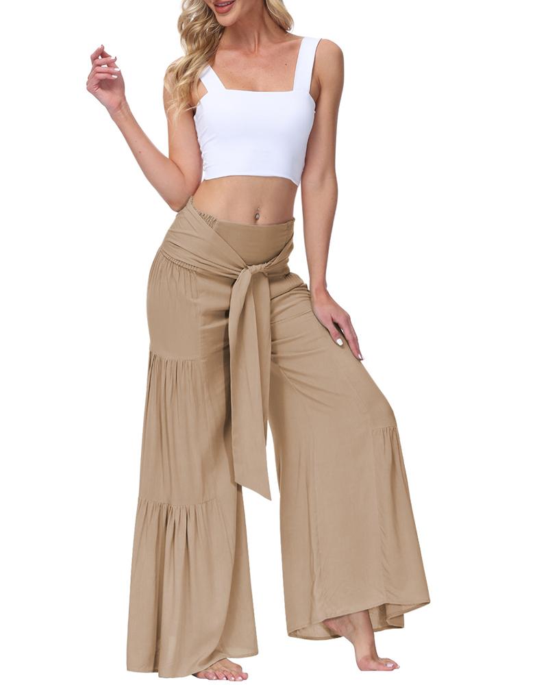 

High Waist Ruched Tied Detail Wide Leg Pants, Khaki