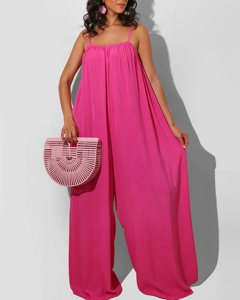 

Spaghetti Strap Square Neck Plain Jumpsuit, Hot pink