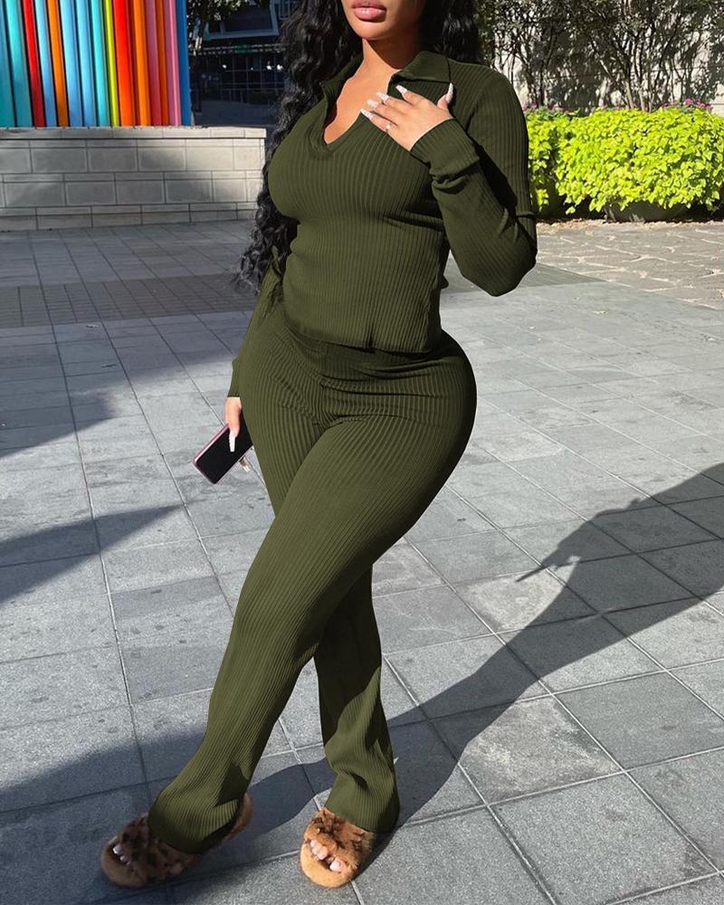 

Long Sleeve Ribbed Top & Pants Set, Green