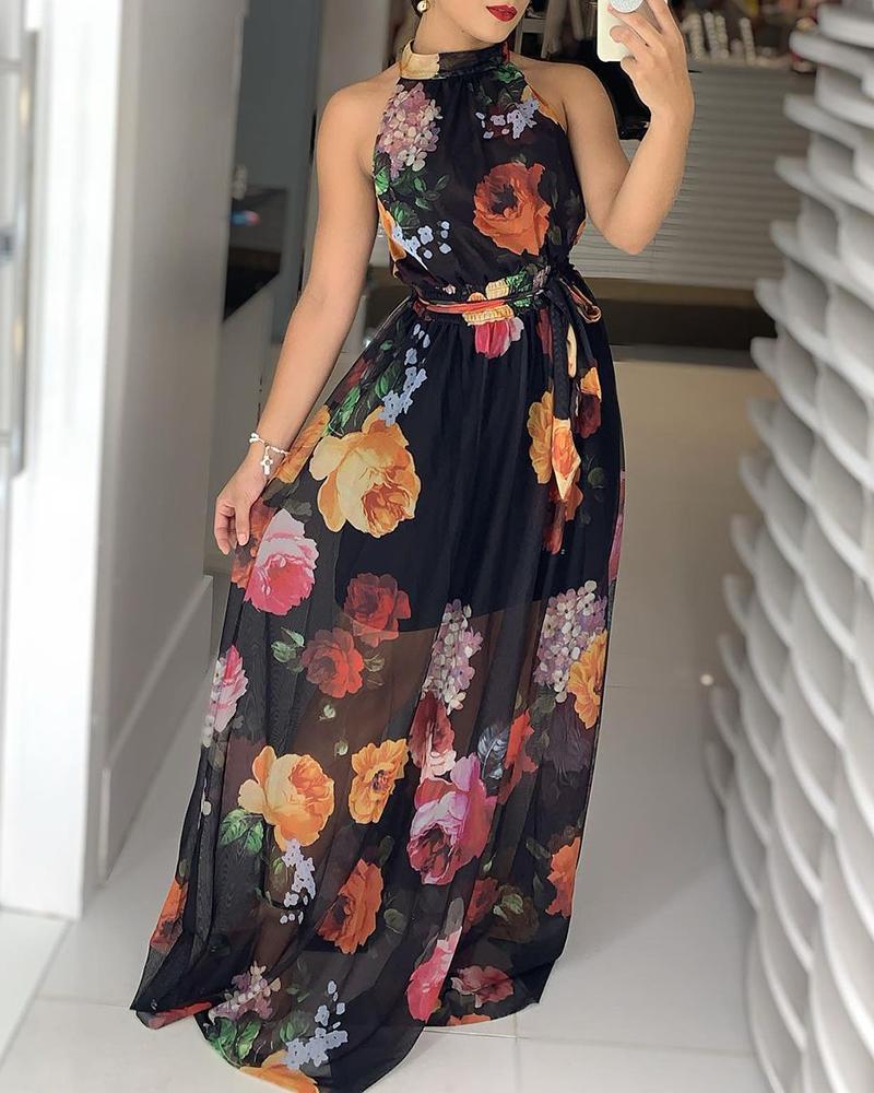 

Floral Print Round Neck Maxi Dress, Black