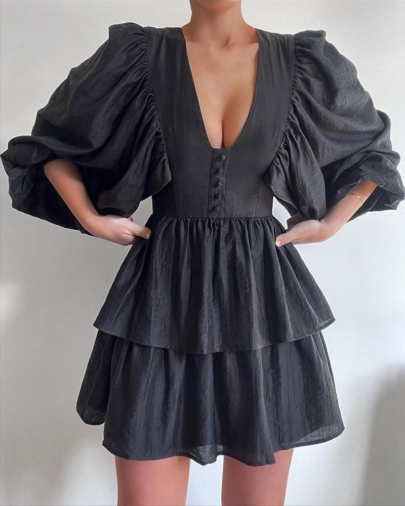 

Plunge Button Design Lantern Sleeve Layered Dress, Black