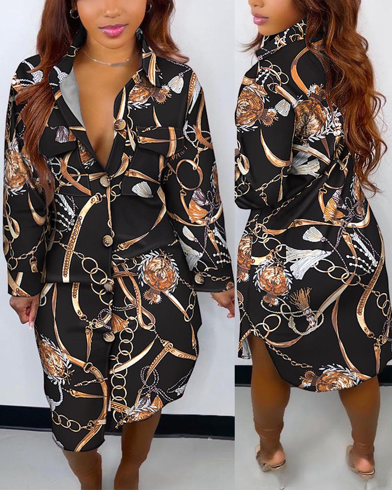 

Chain Print Button Down Shirt Dress, Black