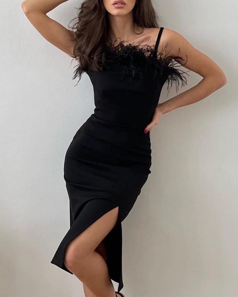 

Feather Trim High Slit Party Dress, Black