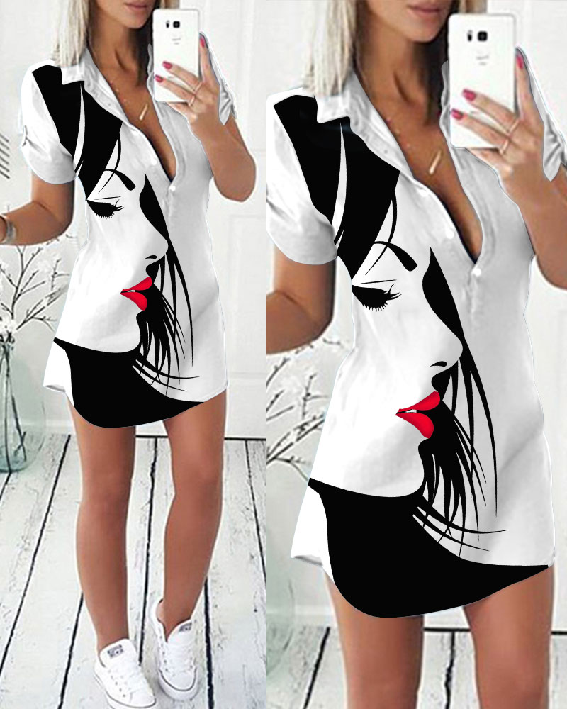 

Abstract Figure Print Button Front Shirt Dress, White