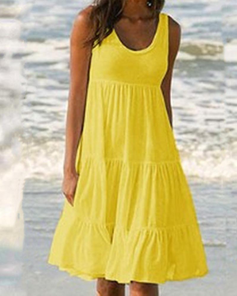 

Solid Color Sleeveless Ruffle Hem Mini Dress, Yellow