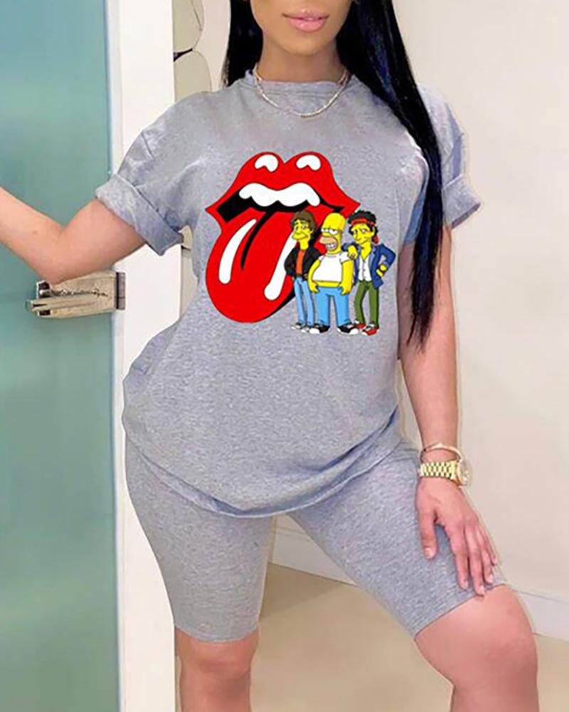 

Lip Print Round Neck Top & Shorts Set, Gray