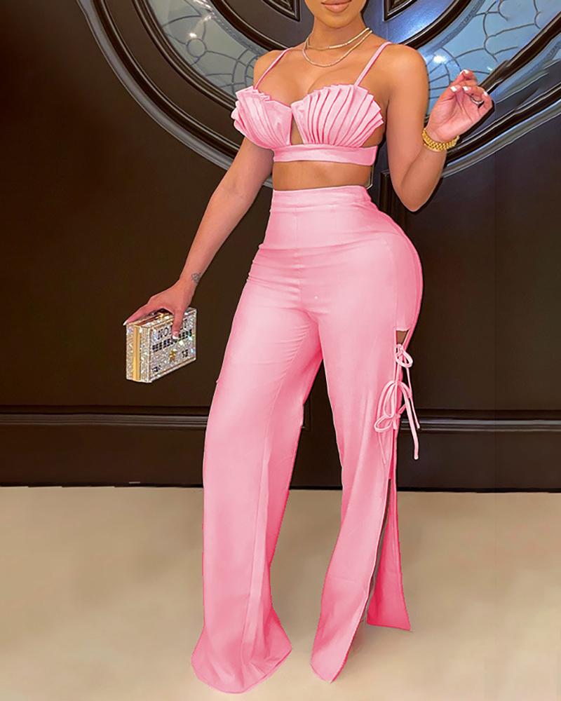 

Ruched Crop Top & Tied Detail Slit Pants Set, Pink
