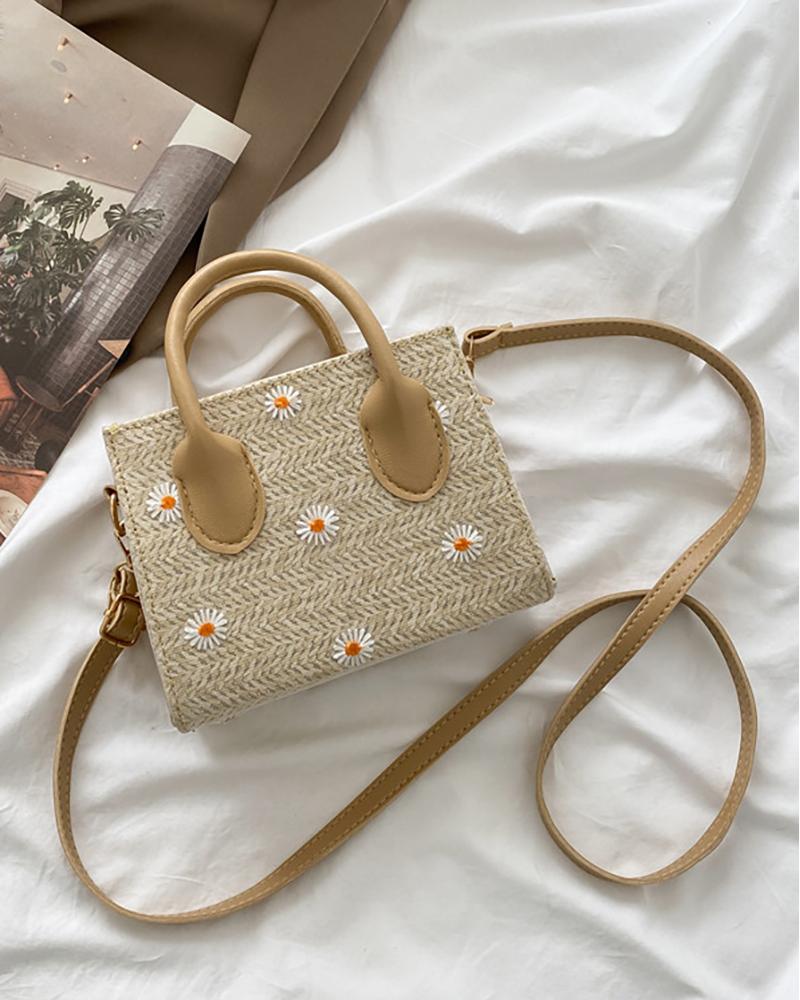 

Daisy Pattern Straw Woven Beach Messenger Bag, Khaki