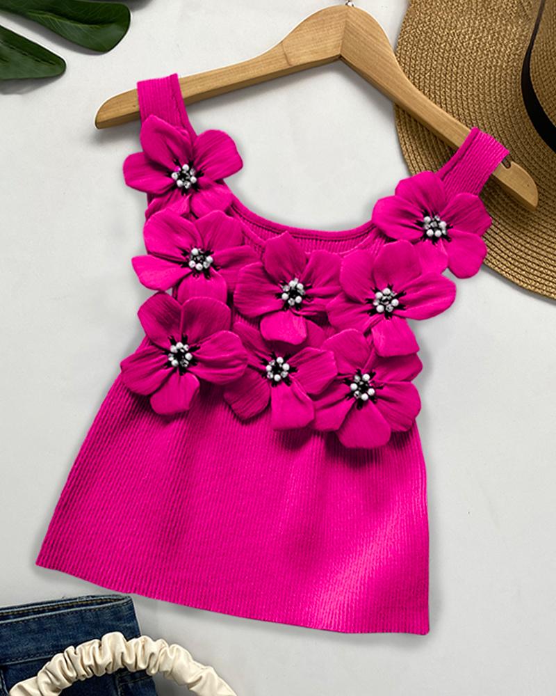 

Floral Pattern Beaded Knit Tank Top, Hot pink