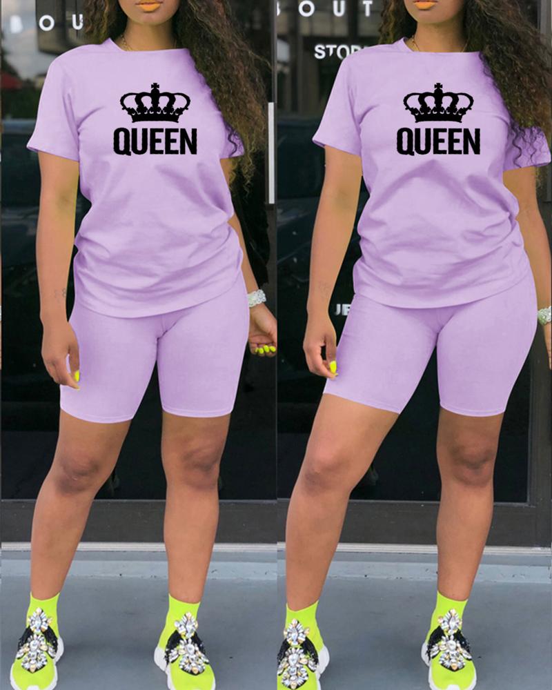 

Letter Crown Print Casual Top & Shorts Set, Purple