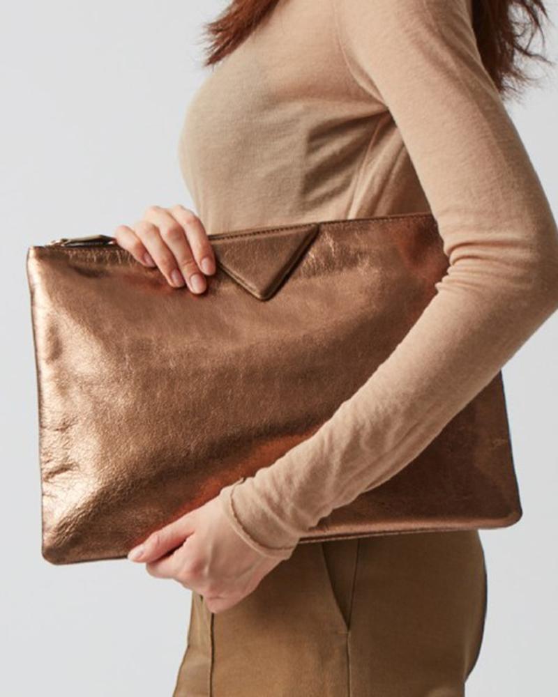 

Zipper Design Metallic Envelope Clutch Bag, Gold