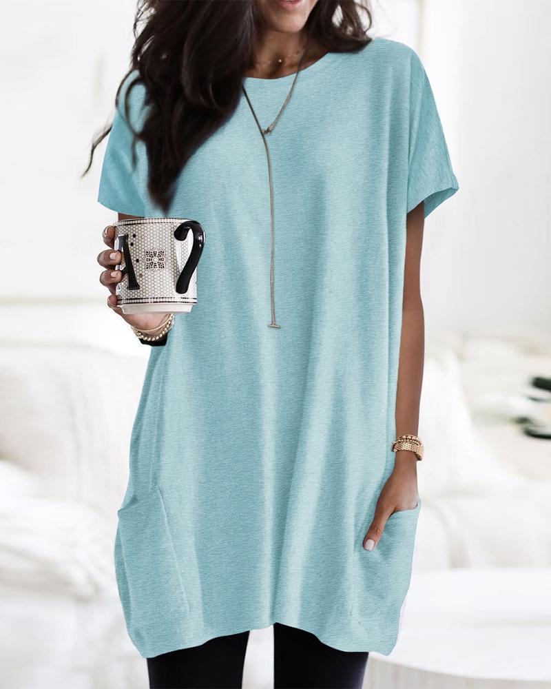 

Pocket Design Round Neck Casual T-shirt, Blue