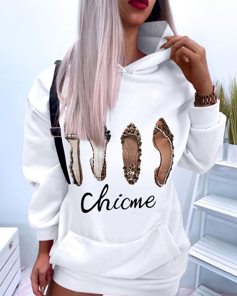

ChicMe Letter Shoes Print Hooded Sweatshirt Dress, White