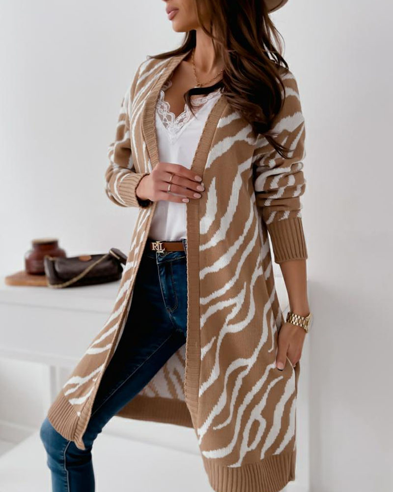 

Zebra Stripe Pattern Open Front Longline Cardigan, Khaki