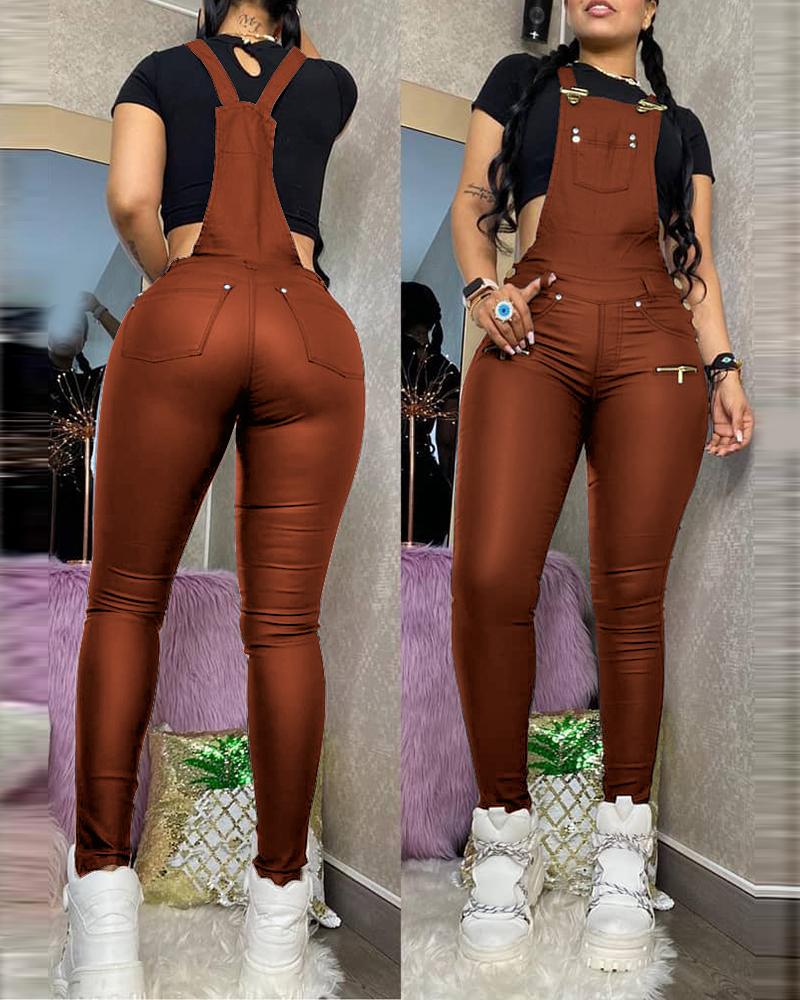 

Buckled Zipper Design Suspender Jumpsuit, Coffee