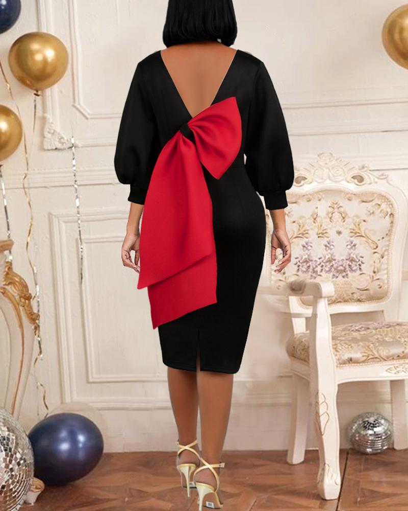 

Bowknot Decor Backless Lantern Sleeve Party Dress, Black