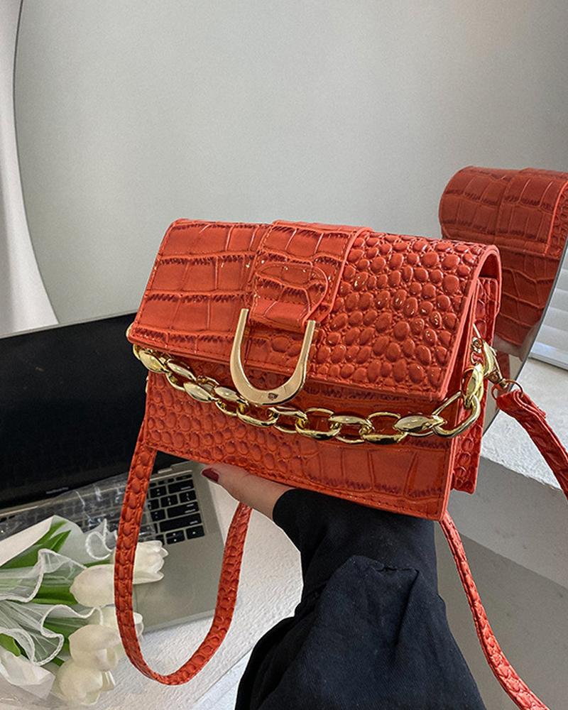 

Embossed Chain Decor Flap Shoulder Bag, Orange