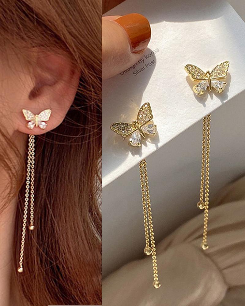 

1Pair Rhinestone Tassel Butterfly Pattern Drop Earrings, Gold
