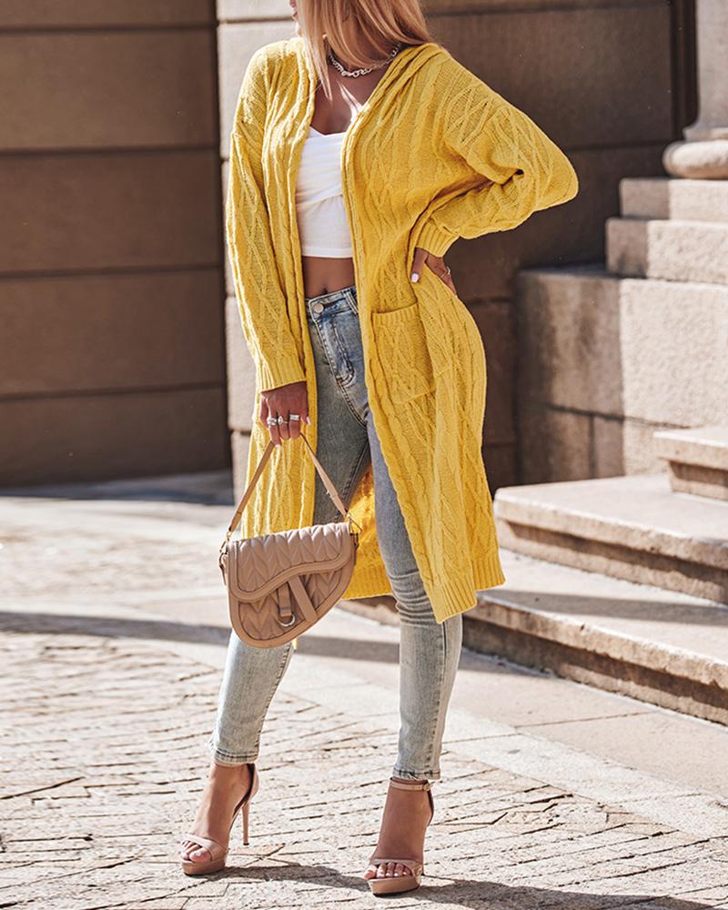 

Long Sleeve Cable Knit Hooded Cardigan, Yellow