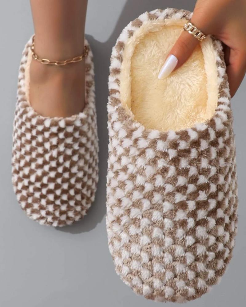 

Fuzzy Plaid Pattern Slippers, Coffee