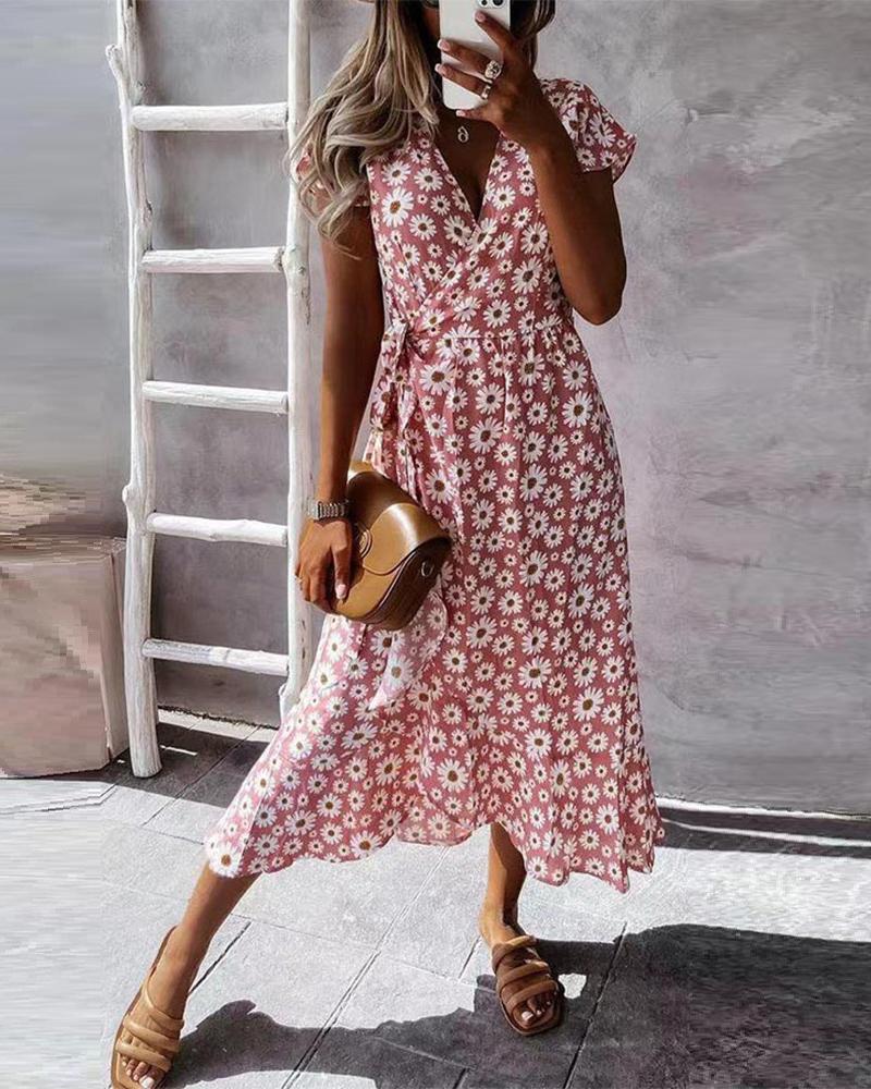 

Daisy Print Tied Detail Short Sleeve Dress, Pink