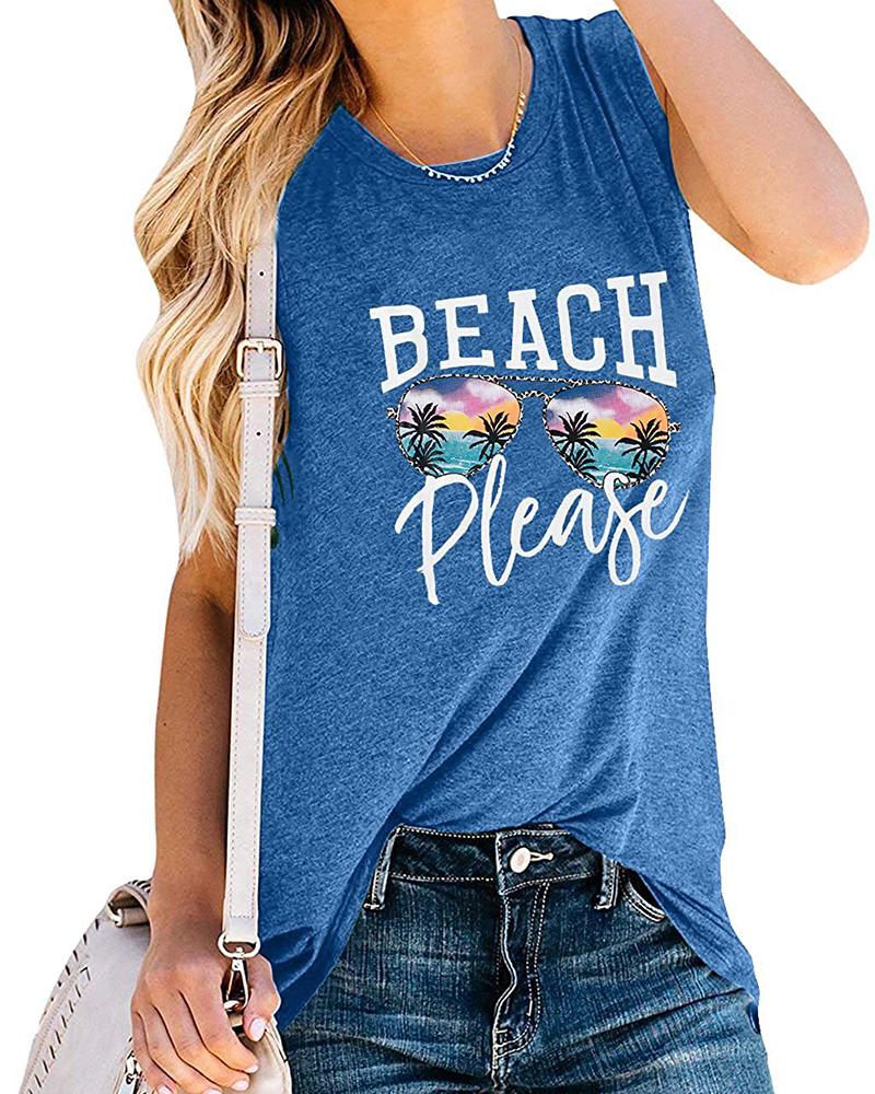 

Coconut Tree Sunglasses Letter Print Summer Tank Top, Dark blue