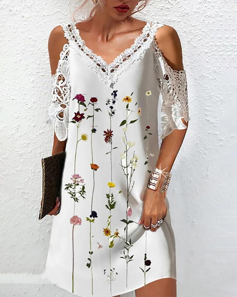 

Guipure Lace Cold Shoulder Floral Print Dress, White