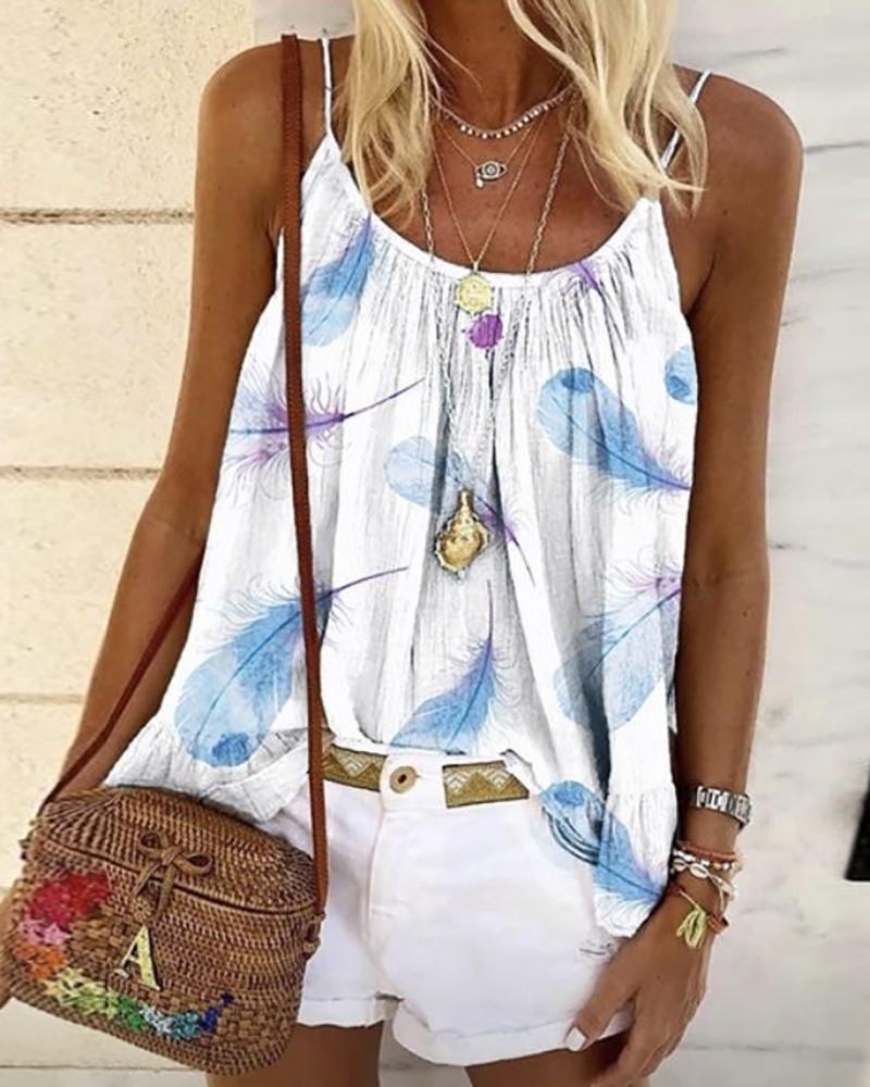 

Spaghetti Strap Feather Print Top, White