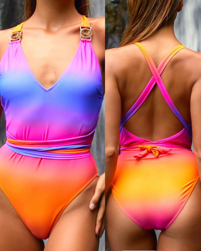 

Ombre Print Crisscross Backless One-Piece Swimsuit, Blue