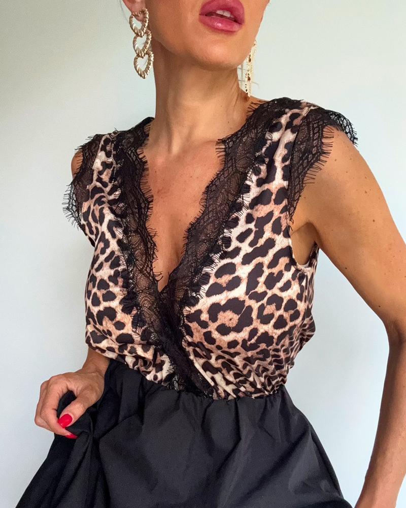 

Contraste Renda Leopardo Estampa V Decote Sem Mangas Top Casual Sem Costas Regata, Leopard