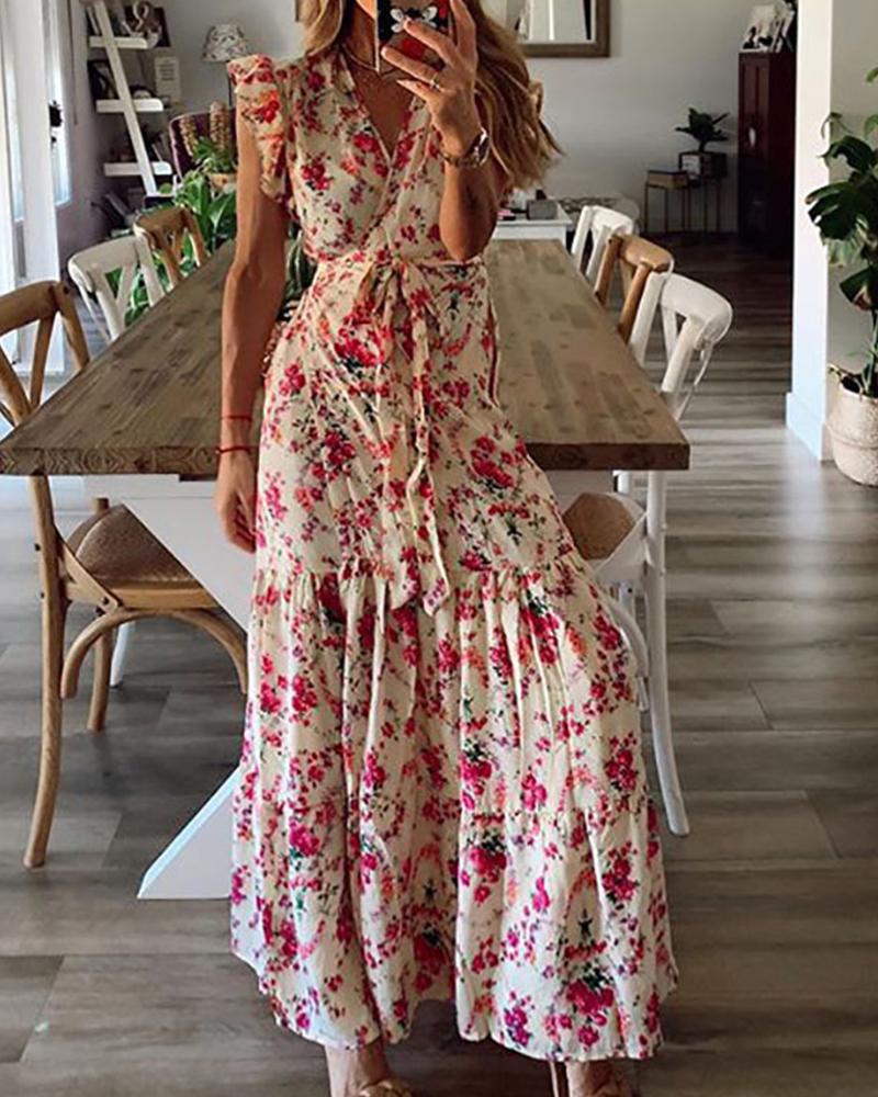 

Floral Tie Waist Wrap Maxi Dress, Red