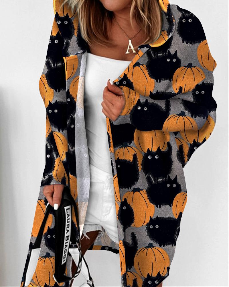 

Halloween Cat Pumpkin Print Batwing Sleeve Hooded Coat, Gray