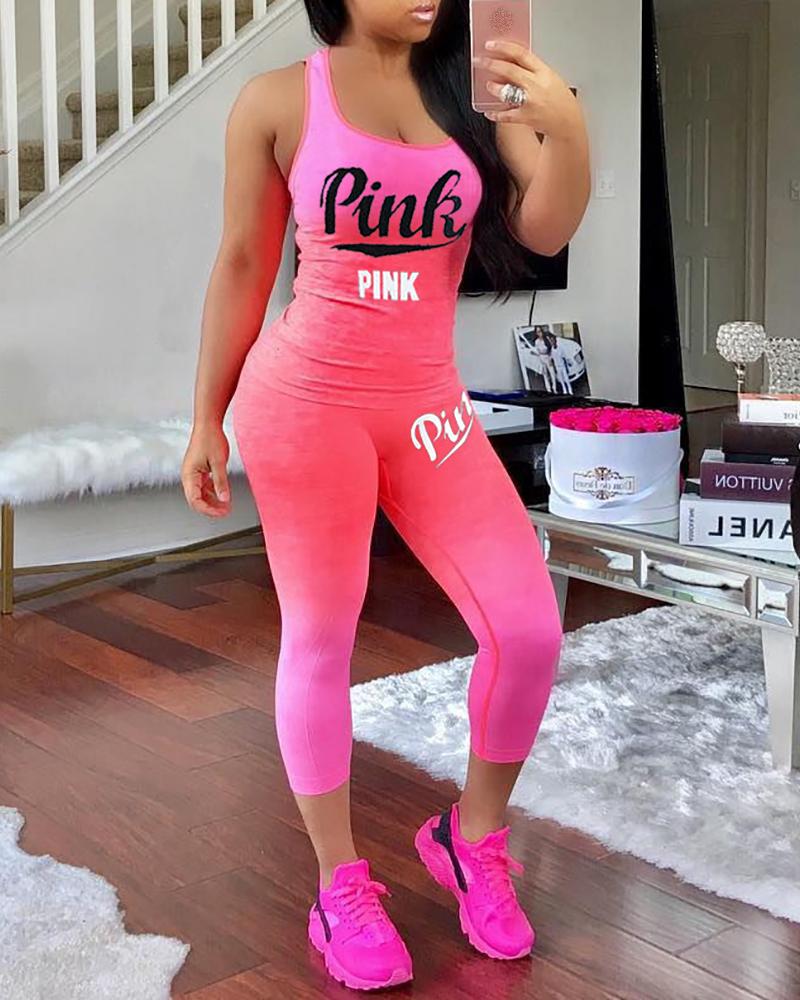 

Letter Print Ombre Tank Top & Butt Lifting Cropped Pants Set, Pink