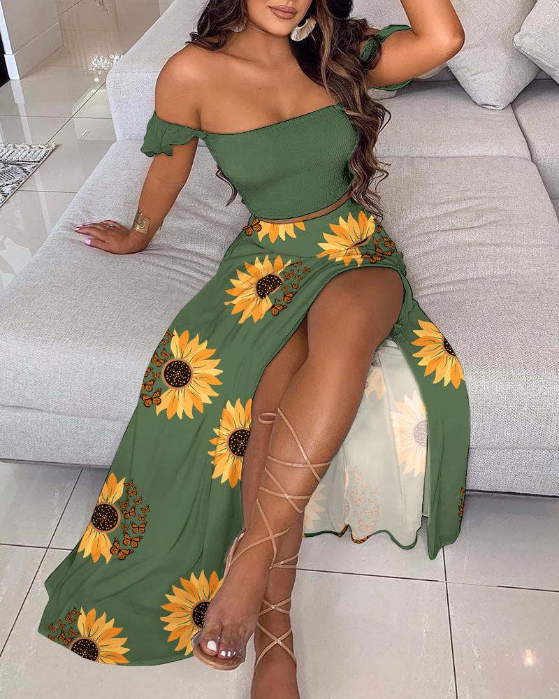 

Shirred Crop Top & Sunflower Butterfly Print High Slit Skirt Set, Green