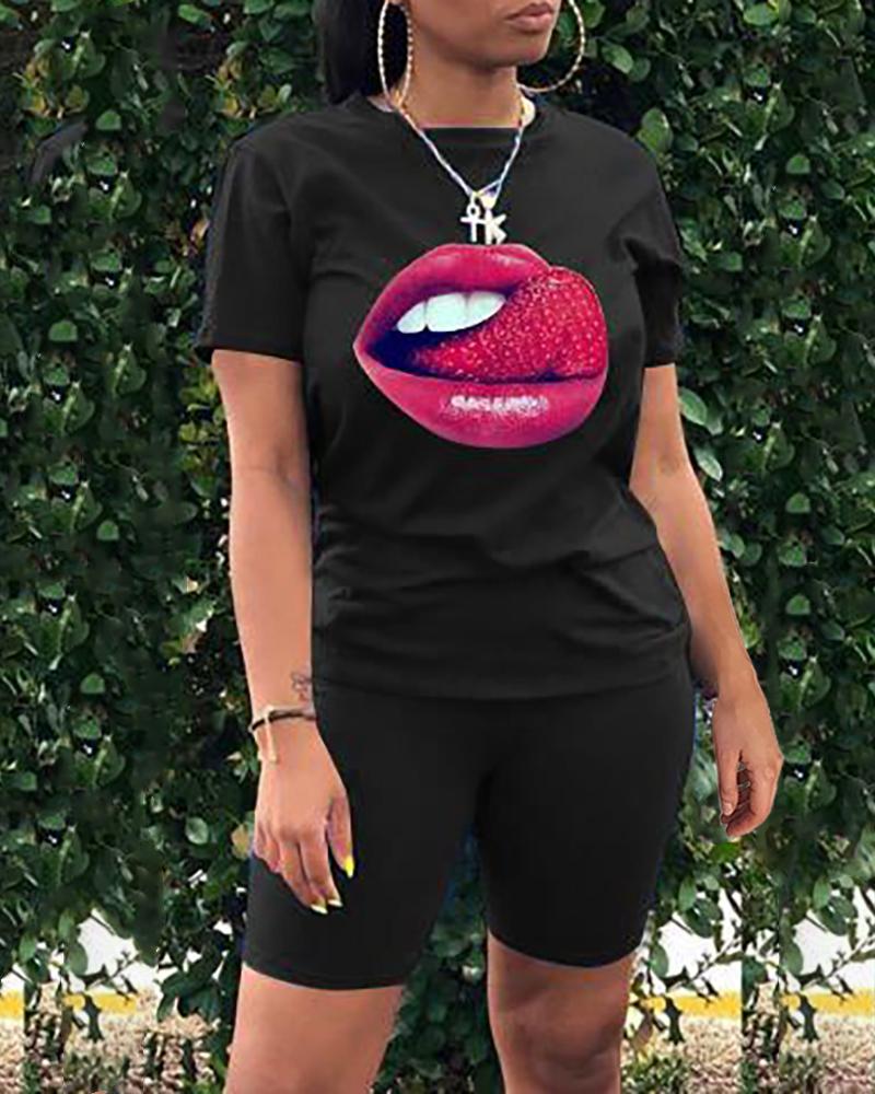 

Lip Print Short Sleeve Top & Shorts Set, Black
