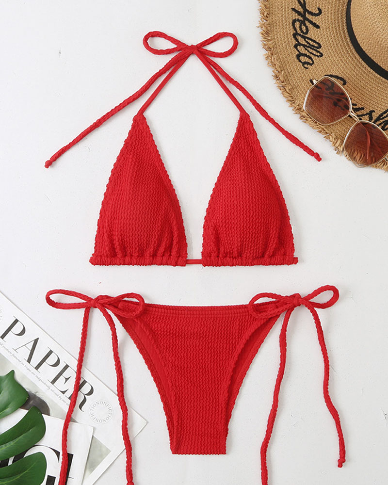 

Textured Tied Detail Halter Bikini Set, Red