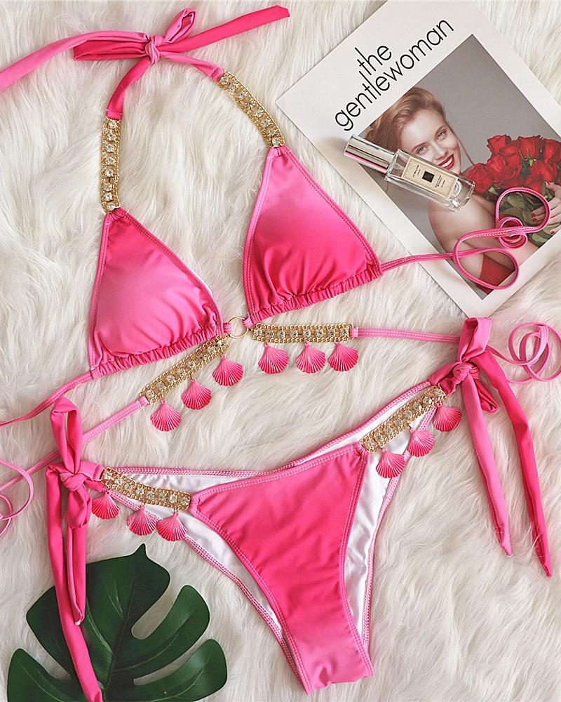 

Ombre Print Shell Pendent Rhinestone Strap Cutout Bikini Set, Pink