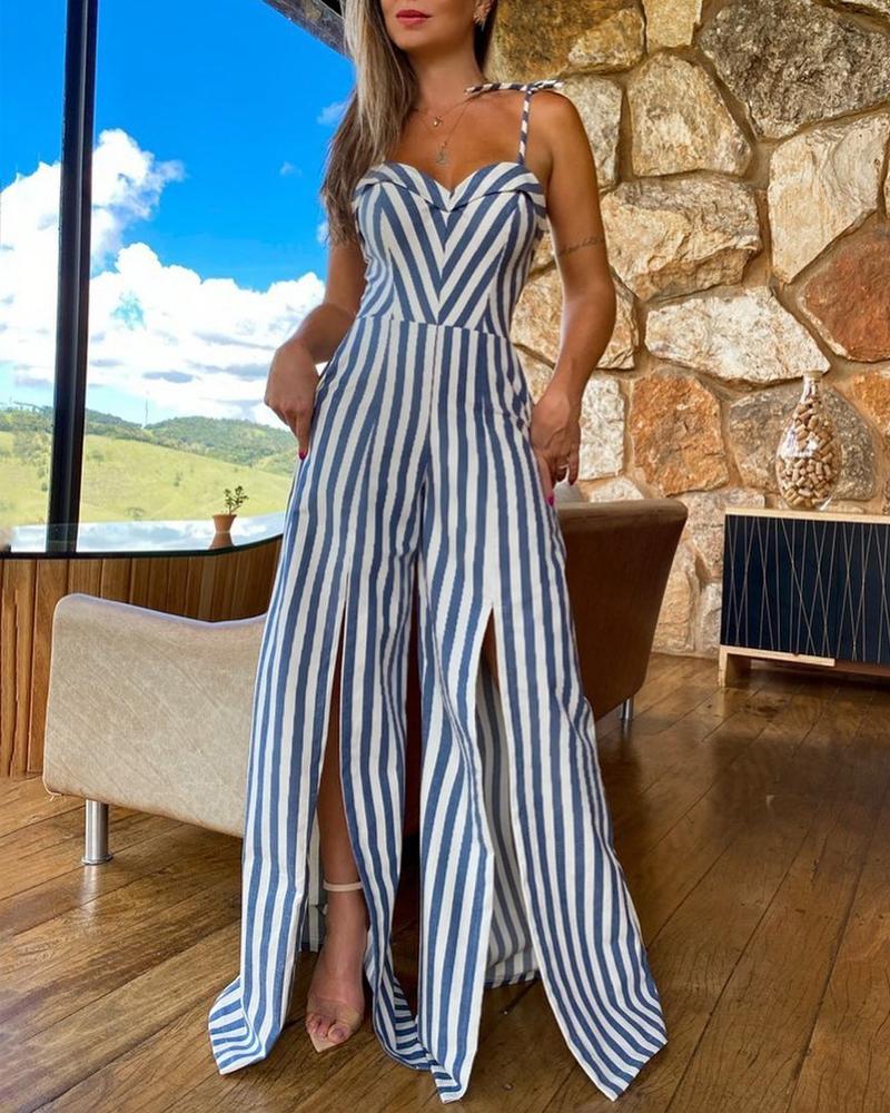 

Striped Print Split Thigh Wide Leg Jumpsuit, Blue