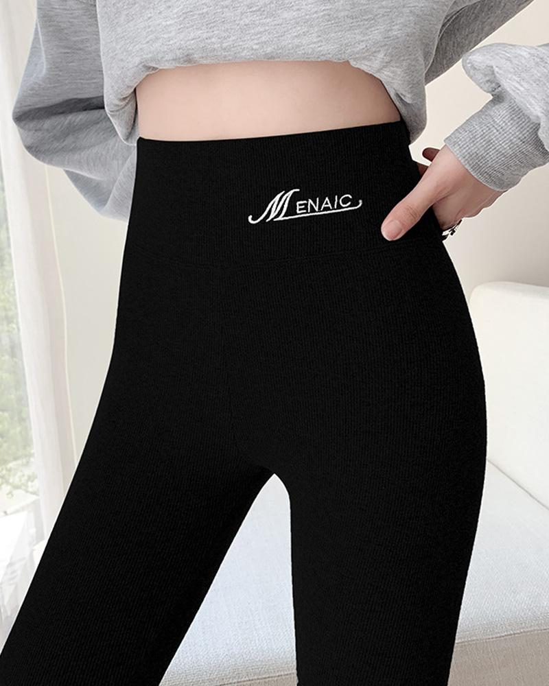 

Embroidery Letter High Waist Thermal Warm Fleece Lined Leggings, Black
