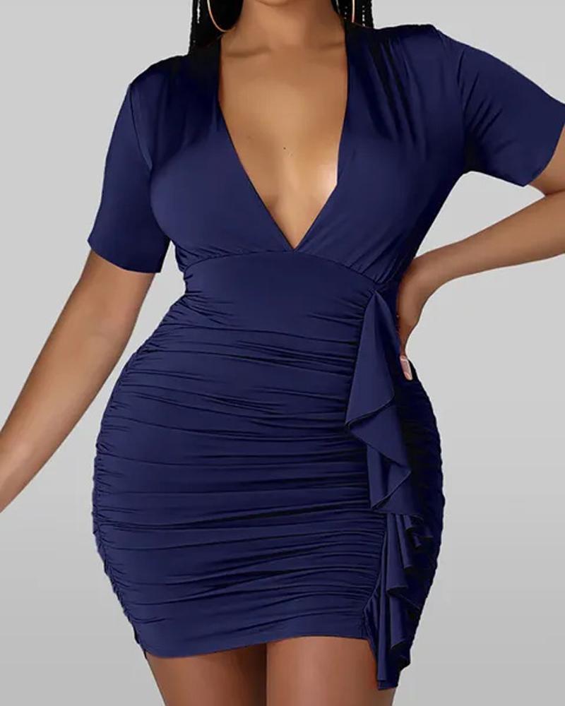 

Plunging Neck Draped Detail Ruched Bodycon Dress, Purplish blue