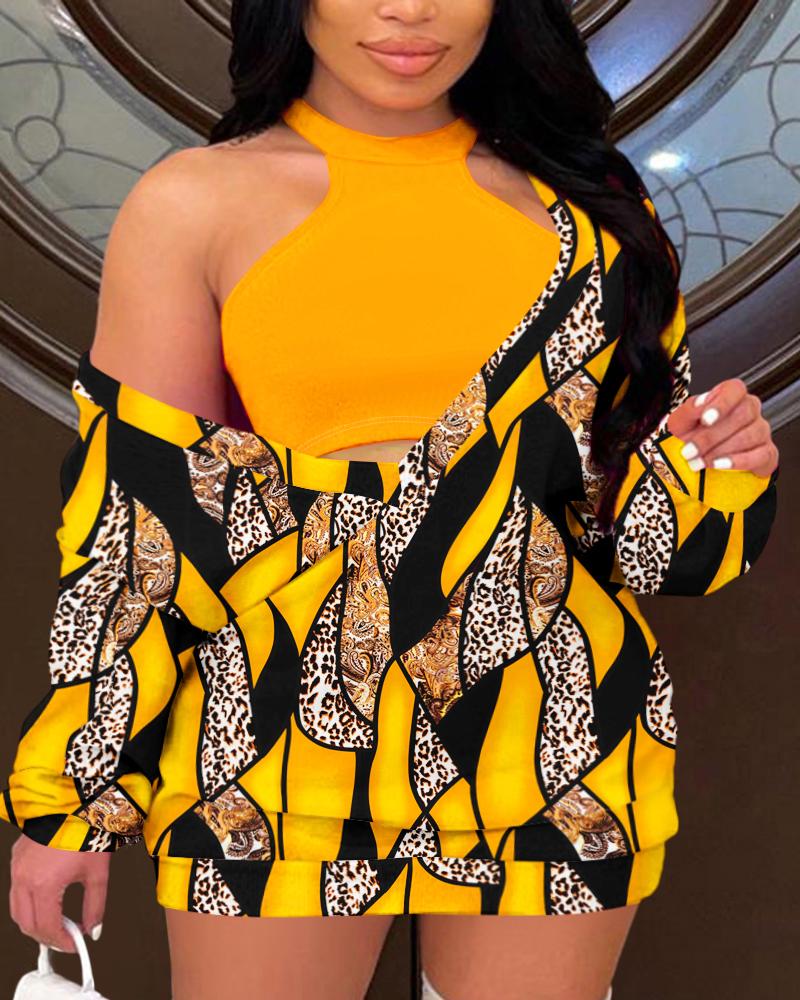 

Plus Size Leopard Baroque Print Tank Top & Casual Dress Set, Yellow