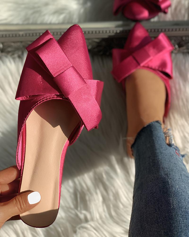 

Solid Bowknot Design Flat Slipper, Hot pink