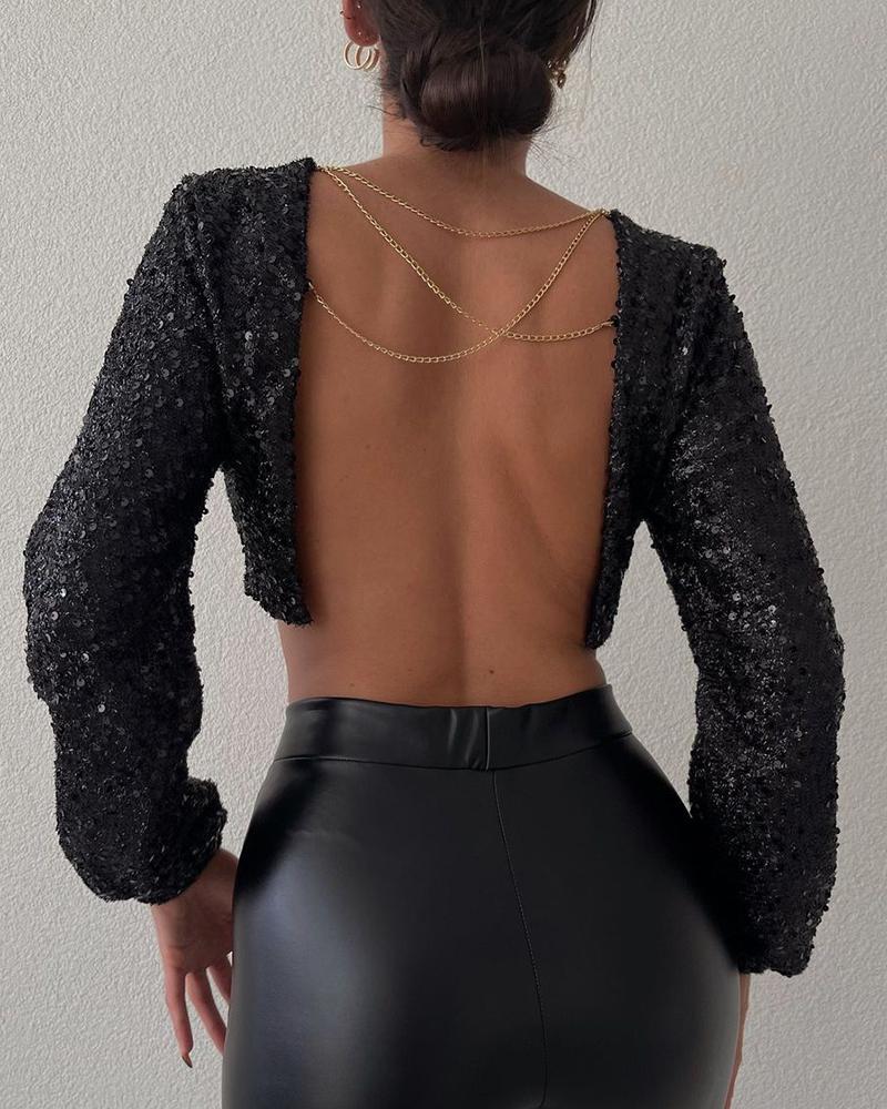 

Chain Decor Backless Long Sleeve Sequin Top, Black