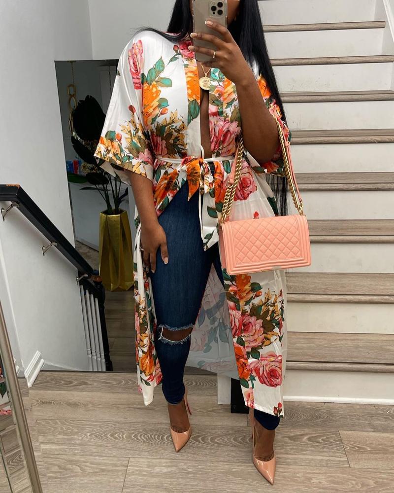 

Floral Print Belted Shirt Dress, White