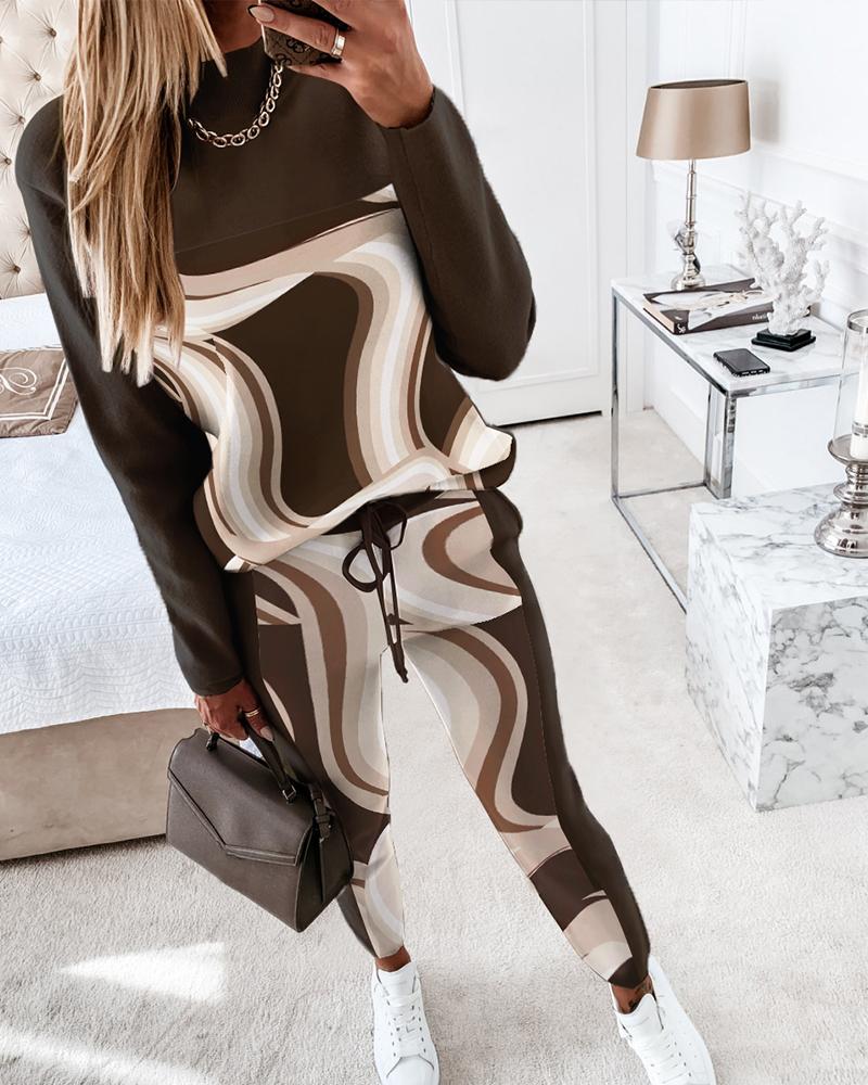 

Marble Print Long Sleeve Top & Pants Set, Coffee