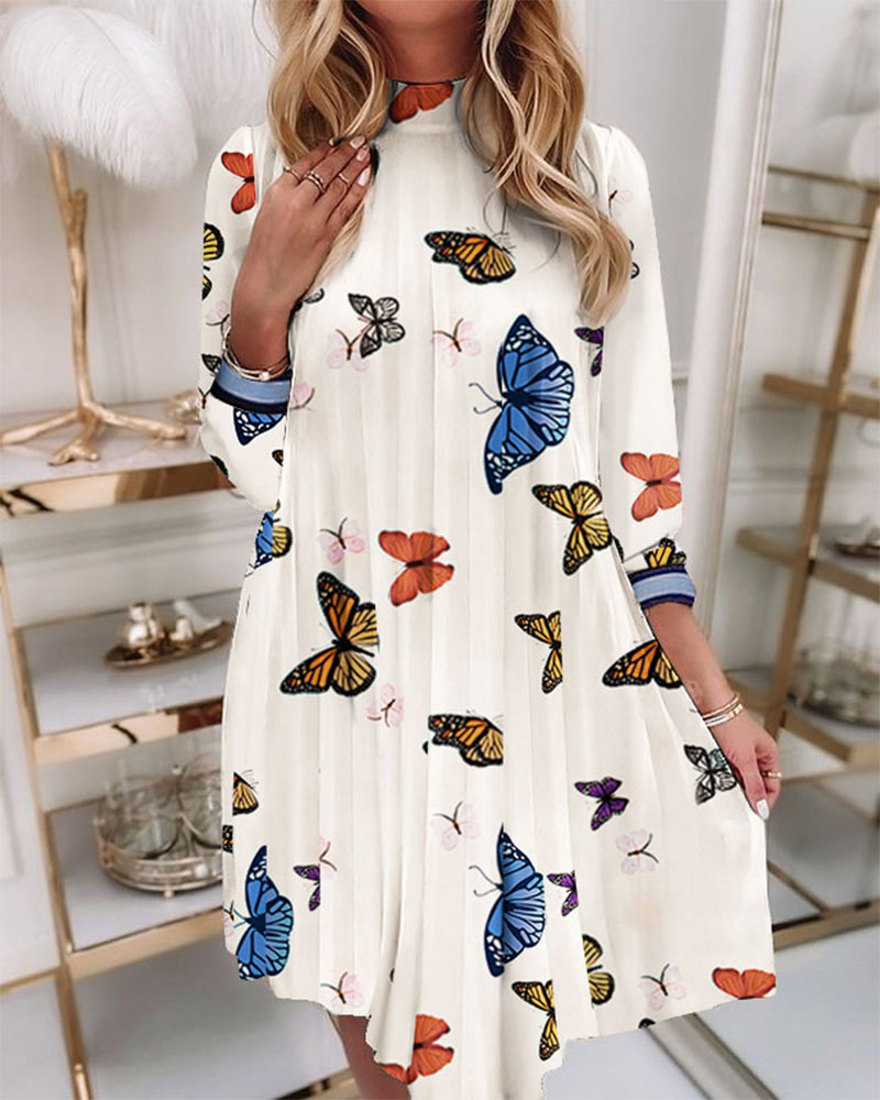 

Butterfly Print Pleated Casual Dress, White