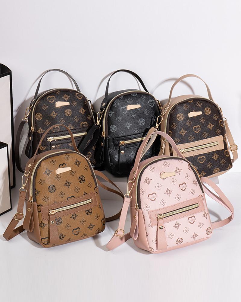

Graphic Print Zipper Design Backpack, Dark brown