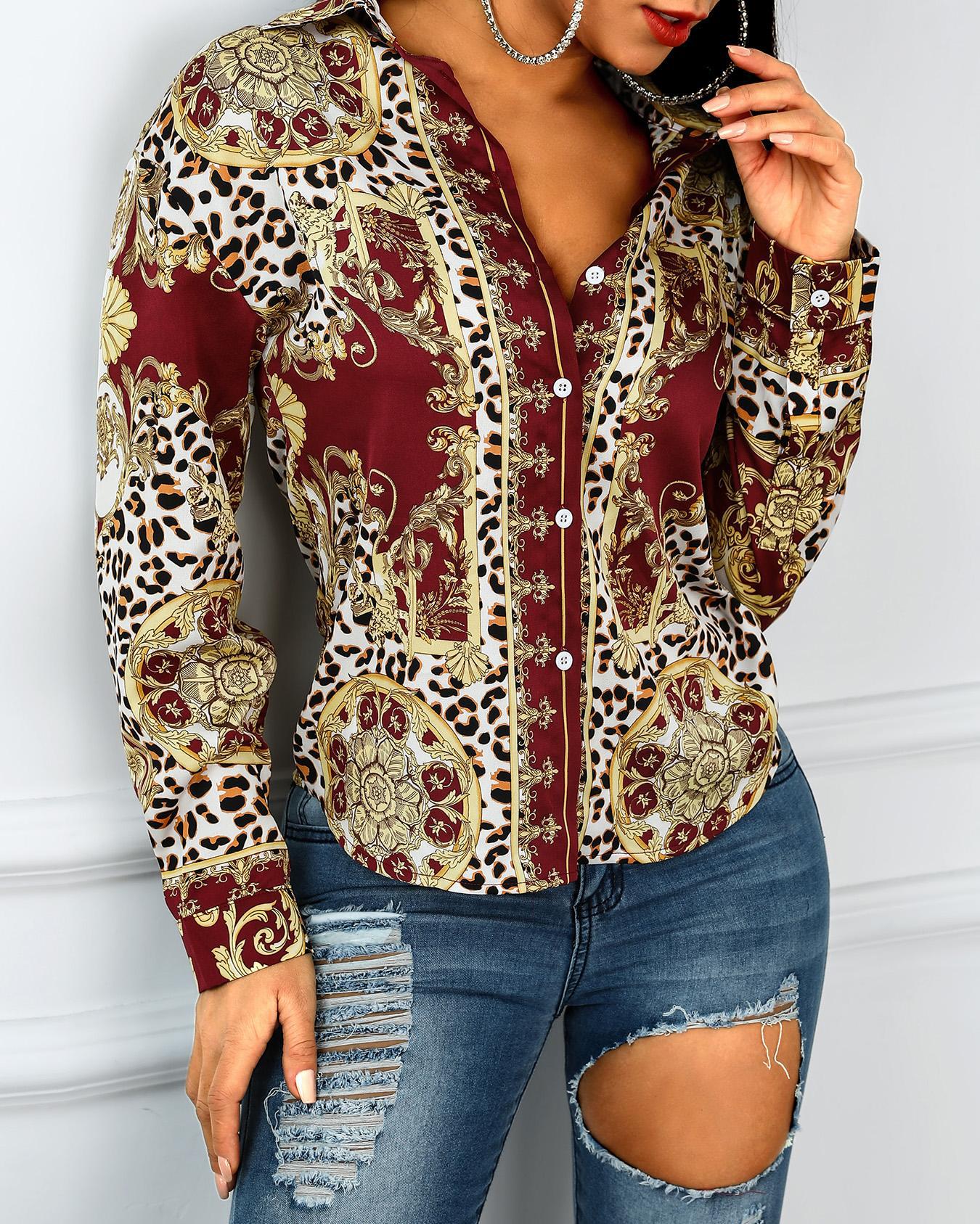 

Baroque Cheetah Print Button Up Long Sleeve Top, Yellow